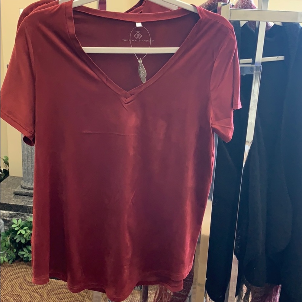 Short sleeve v-neck faux suede top